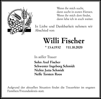 Traueranzeige von Willi Fischer von VRM Tageszeitungen
