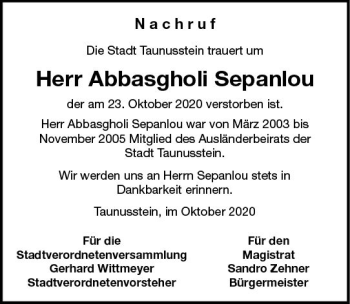 Traueranzeige von Abbasgholi Sepanlou von vrm-trauer