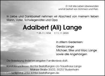 Traueranzeige von Adalbert Lange von vrm-trauer