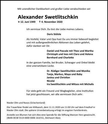Traueranzeige von Alexander Swetlitschkin von vrm-trauer