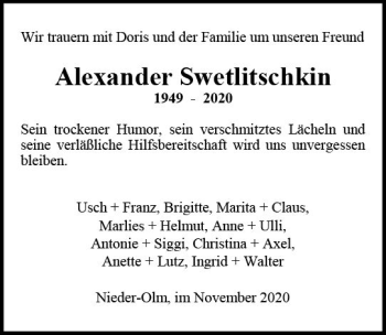 Traueranzeige von Alexander Swetlitschkin von vrm-trauer