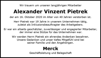 Traueranzeige von Alexander Vinzent Pietrek von vrm-trauer