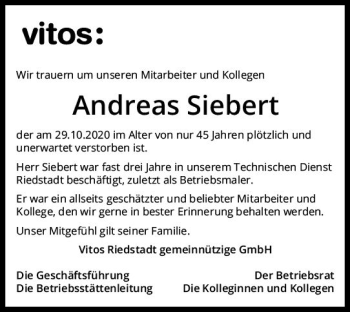 Traueranzeige von Andreas Siebert von vrm-trauer