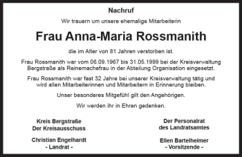 Traueranzeige von Anna-Maria Rossmanith von vrm-trauer