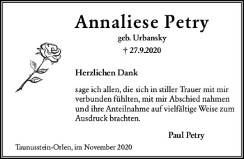 Traueranzeige von Annaliese Petry von vrm-trauer