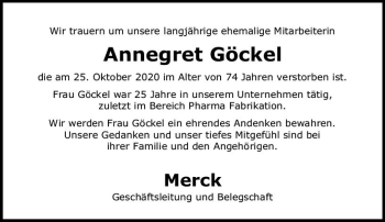 Traueranzeige von Annegret Göckel von vrm-trauer