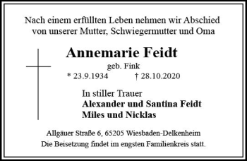 Traueranzeige von Annemarie Feidt von vrm-trauer