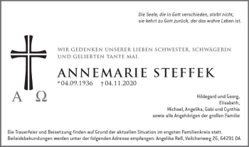 Traueranzeige von Annemarie Steffek von vrm-trauer