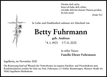 Traueranzeige von Betty Fuhrmann von vrm-trauer