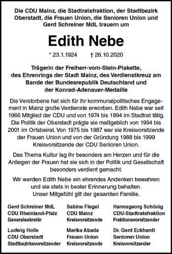 Traueranzeige von Edith Nebe von vrm-trauer