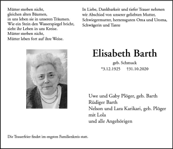 Traueranzeige von Elisabeth Barth von vrm-trauer