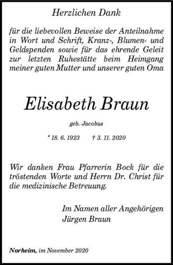 Traueranzeige von Elisabeth Braun von vrm-trauer