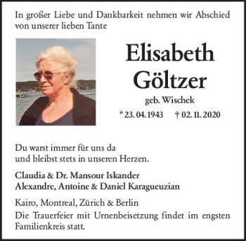 Traueranzeige von Elisabeth Göltzer von vrm-trauer
