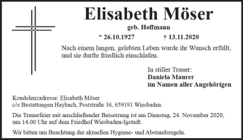 Traueranzeige von Elisabeth Möser von vrm-trauer