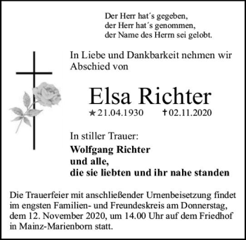 Traueranzeige von Elsa Richter von vrm-trauer