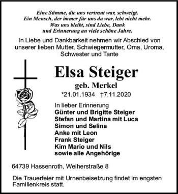 Traueranzeige von Elsa Steiger von vrm-trauer