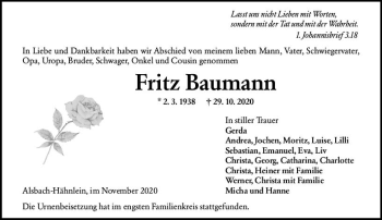 Traueranzeige von Fritz Baumann von vrm-trauer