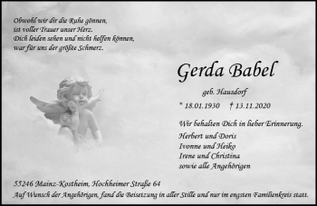 Traueranzeige von Gerda Babel von vrm-trauer