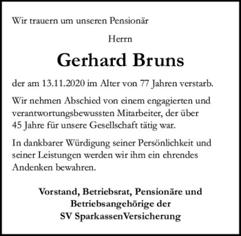 Traueranzeige von Gerhard Bruns von vrm-trauer
