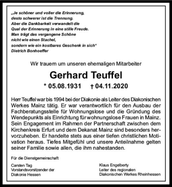 Traueranzeige von Gerhard Teuffel von vrm-trauer