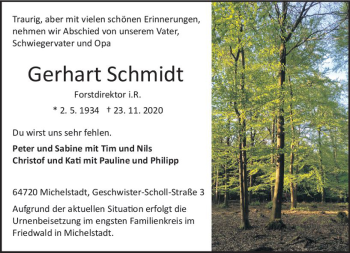 Traueranzeige von Gerhart Schmidt von vrm-trauer