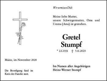 Traueranzeige von Gretel Stumpf von vrm-trauer