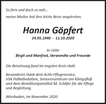 Traueranzeige von Hanna Göpfert von vrm-trauer