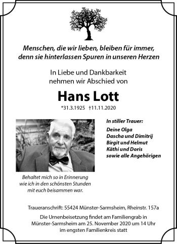 Traueranzeige von Hans Lott von vrm-trauer