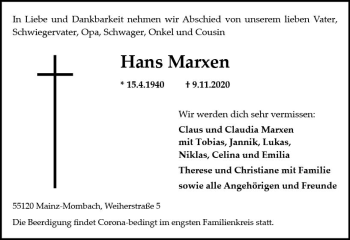 Traueranzeige von Hans Marxen von vrm-trauer