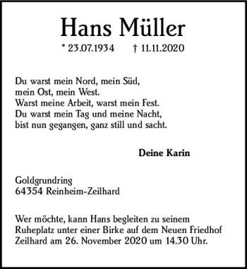 Traueranzeige von Hans Müller von vrm-trauer