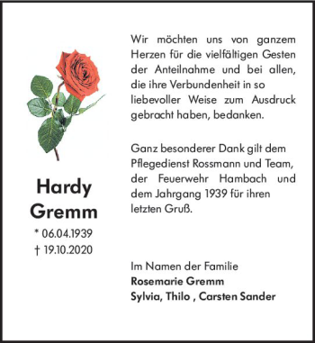 Traueranzeige von Hardy Gremm von vrm-trauer