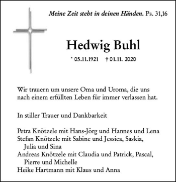 Traueranzeige von Hedwig Buhl von vrm-trauer
