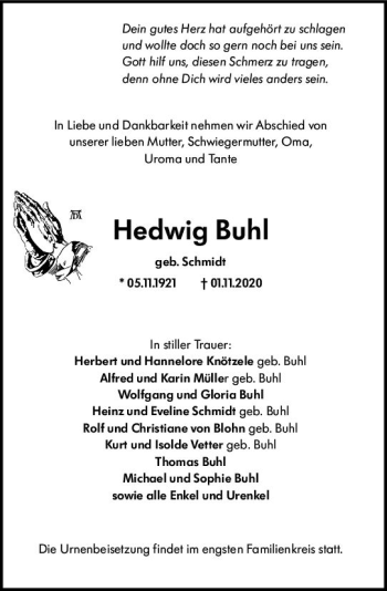 Traueranzeige von Hedwig Buhl von vrm-trauer