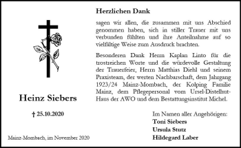 Traueranzeige von Heinz Siebers von vrm-trauer