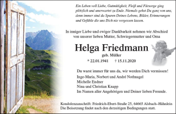 Traueranzeige von Helga Friedmann von vrm-trauer