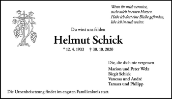 Traueranzeige von Helmut Schick von vrm-trauer