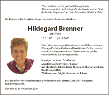 Traueranzeige von Hildegard Brenner von vrm-trauer