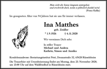 Traueranzeige von Ina Matthes von vrm-trauer