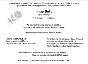 Traueranzeige von Inge Bott von vrm-trauer