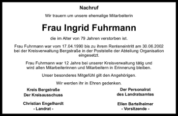 Traueranzeige von Ingrid Fuhrmann von vrm-trauer