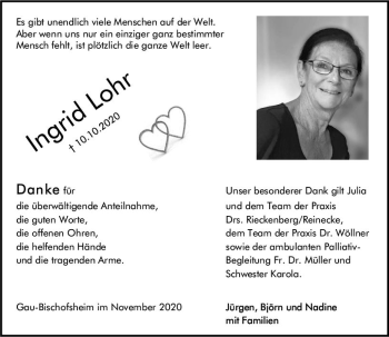 Traueranzeige von Ingrid Lohr von vrm-trauer