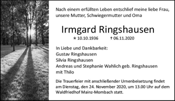 Traueranzeige von Irmgard Ringshausen von vrm-trauer