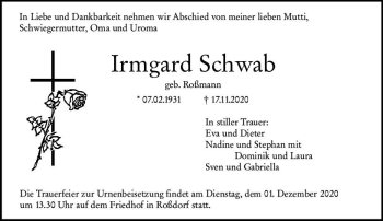 Traueranzeige von Irmgard Schwab von vrm-trauer