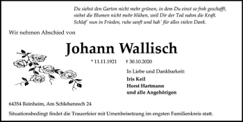 Traueranzeige von Johann Wallisch von vrm-trauer