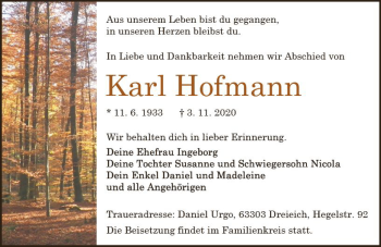 Traueranzeige von Karl Hofmann von vrm-trauer