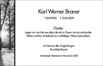Traueranzeige von Karl Werner Braner von vrm-trauer