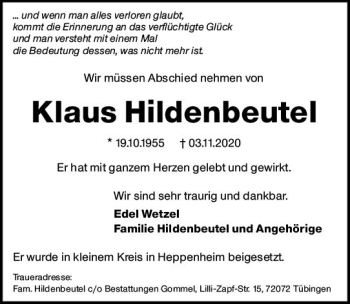 Traueranzeige von Klaus Hildenbeutel von vrm-trauer