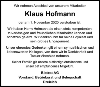 Traueranzeige von Klaus Hofmann von vrm-trauer