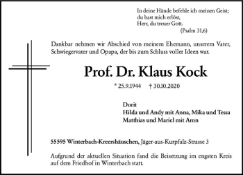 Traueranzeige von Klaus Kock von vrm-trauer
