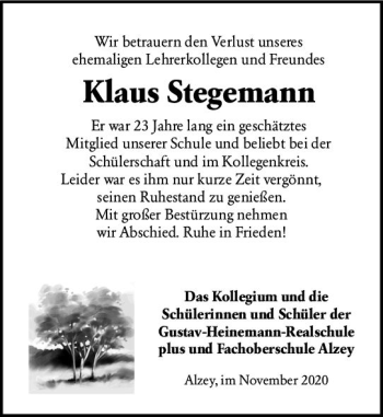 Traueranzeige von Klaus Stegemann von vrm-trauer